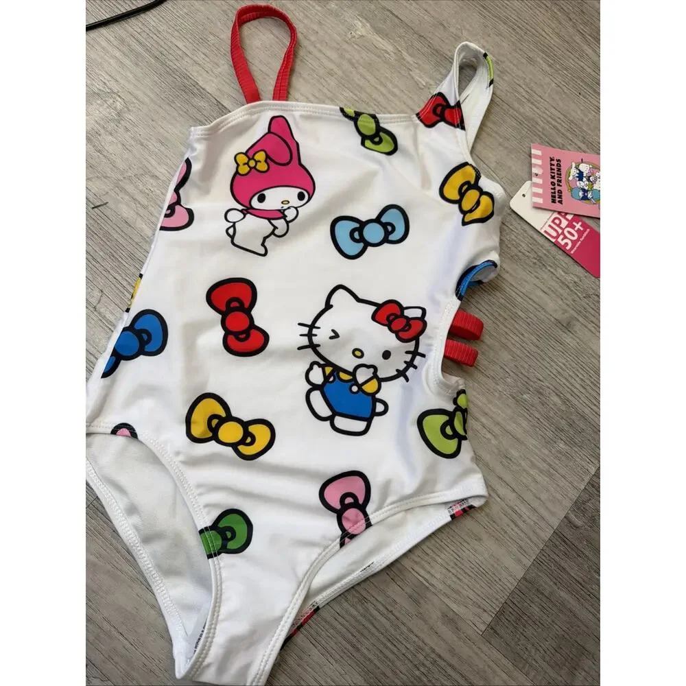 Hello Kitty And Friends Sanrio One-Piece Swimsuit Girls White M 7/8 NWT SPF 50+